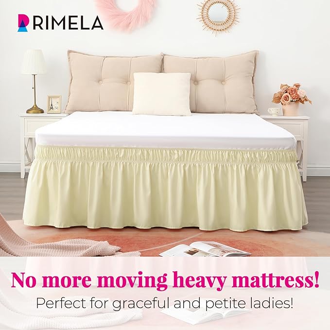 RIMELA Bed Skirt Queen Size 15 Inch Drop, Wrap Around Elastic Bedskirt Solid Microfiber Luxury Hotel Quality Fabric, Easy to Install Machine Washable Wrinkle & Fade Resistant, Beige Yellow
