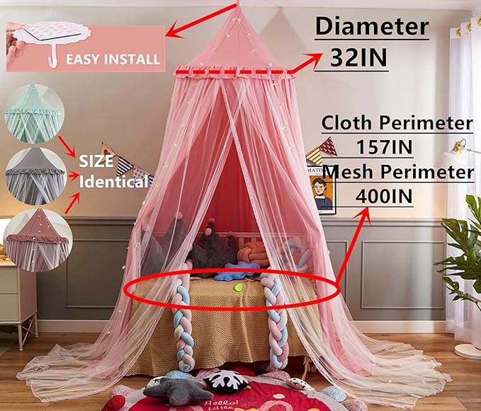 VETHIN Bed Canopy for Kids with Lights,Double Layer Princess Round Dome Children Dreamy Mosquito Net Bedding Girls Room Castle Play Tent Hanging House Decor Reading Nook Canopies(Gray/White)