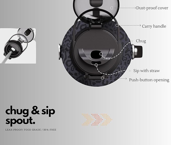 H2O Capsule Half Gallon Insulated Water Bottle With Straw - Stainless Steel Thermos Water Bottle With Sipping/Chugging Lid & Shoulder Strap For Storage - 64 oz Vacuum Flask, Hot Cold (Black Leopard)