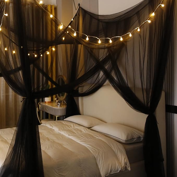 Mengersi Canopy Bed Curtains with Lights,Elegant Bed Canopy Curtains Bed Netting for Full Queen King Size Bed,Halloween Decoration,Gothic Black Room Decor Aesthetic