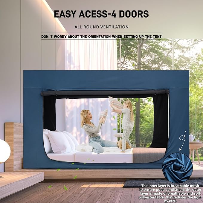 Bed Tent Bed Canopy Full Size Tents for Adult and Kids - Portable Sleeping Bed Tents 80% Blackout with 4 Doors Breathable Private Space Tents(Mattress Not Included)