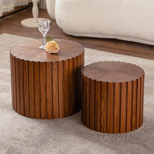 Round Nesting Coffee Table Brown Round Fluted Coffee Table Set of 2 for Living Room Small Circle Drum Nested Coffee Tables (Brown 18in)
