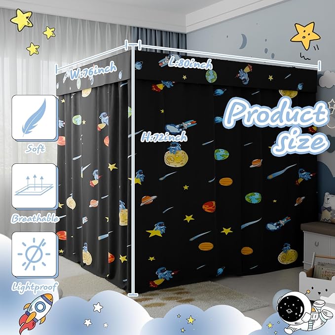 Hvqic Black Canopy Bed Curtains - 4 Corner Post Bed Curtains King Bed Curtains Lightproof Drapes Bed Canopy for Adults & Girls Bedroom Decoration(King,Black-Planet)