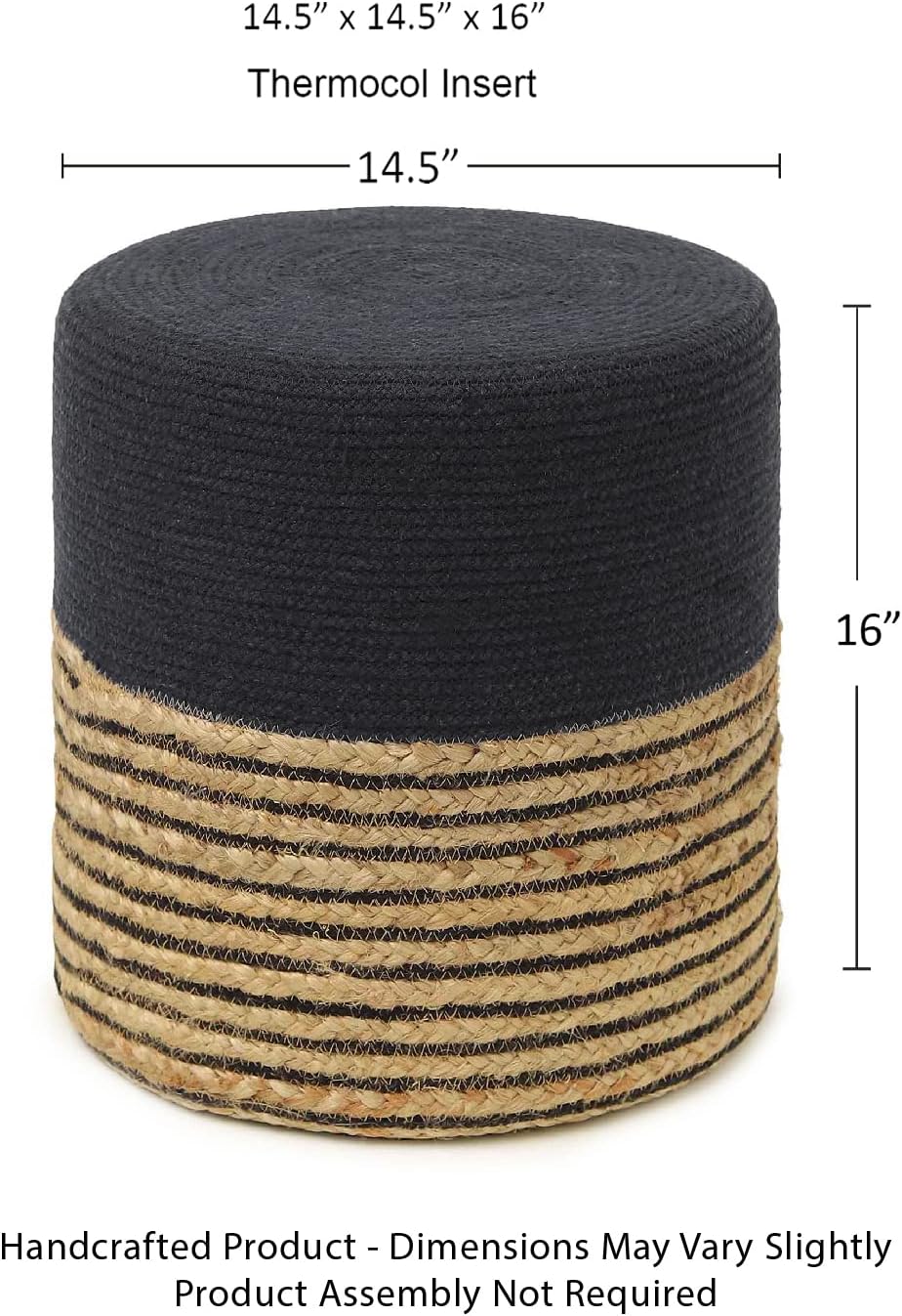 REDEARTH · Cylindrical Pouf Ottoman - Braided Pouffe Accent Sitting Round Footrest for Living Room, Bedroom, Nursery, kidsroom, Patio, Gym; 70% Cotton 30% Jute, (14.5x14.5x16; Black Natural)