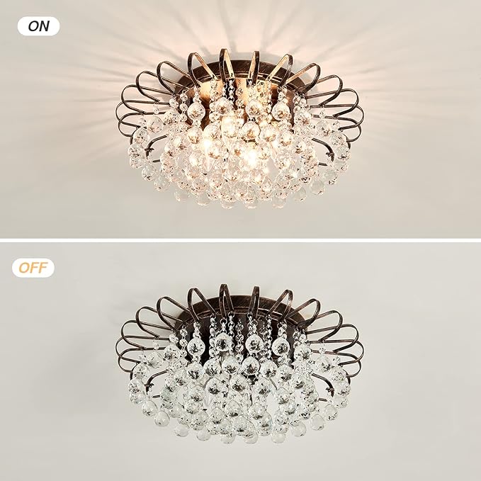 CVKASH 4-Light Crystal Floral Chandelier Modern Bronze Flush Mount Raindrop Crystal Ceiling Lighting Fixture Farmhouse Chandelier for Bathroom Living Room Bedroom Dining Room Entryway