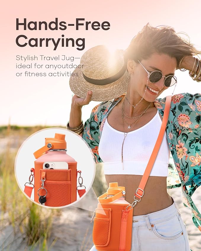 Half Gallon Water Bottle, BUZIO 64 oz Insulated Stainless Steel Water Bottles with Straw Lid Leak Proof water jug, Keep Cold 48H Lead-Free Double Wall Vacuum Metal Mug for Sport Camping Beach, Orange