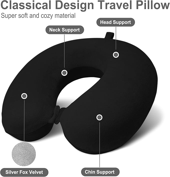 Neck Pillow for Airplane Travel, 100% Pure Memory Foam Travel Neck Pillow for Sleeping & Travel Essentials for Neck Rest, Black, Pack with Box