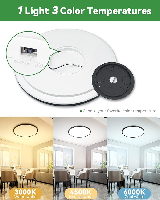 1PACK Flush Mount LED Ceiling Light Fixture Black, 15.8Inch 36Watt, Dimmable & 3000K-4500K-6000K 3 Color Selectable Ceiling Lamp 4000LM Low Profile Ceiling Light for Kitchen Bedroom Hallway Porch