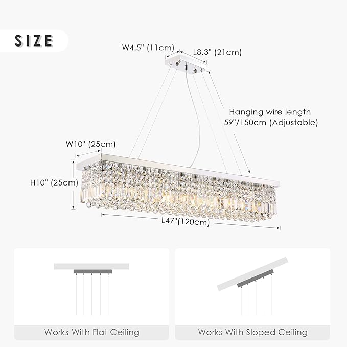 Siljoy 10-Light Modern Crystal Chandelier for Dining Room, Rectangular K9 Crystal Raindrop Chandelier, Rectangle Pendant Ceiling Light Fixture for Living Room Kitchen Island L47'' x W10'' x H10''