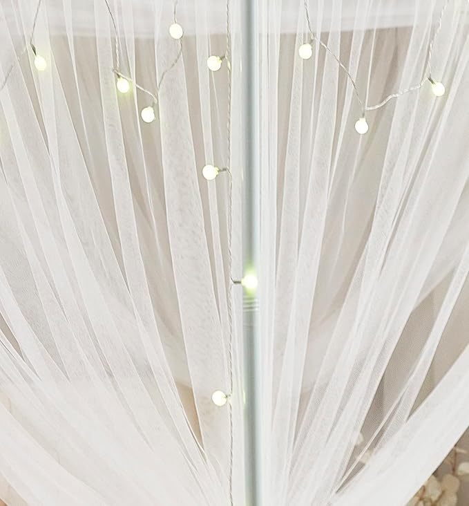 Mengersi Canopy Bed Curtains Bed Canopy with Lights for Girls, Bed Netting Unique Style 4 Door Mosquito Net for Adults Women Bedroom (White+Lights, Full/Queen)