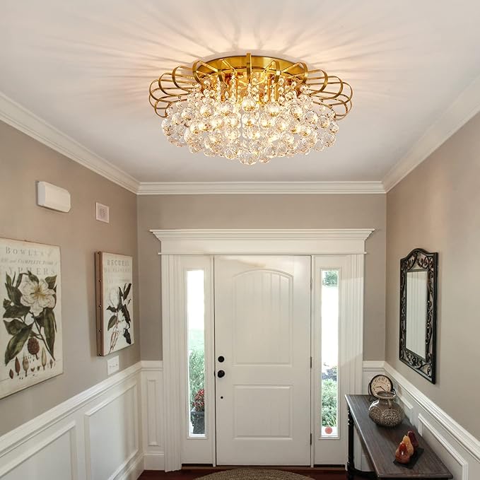 CVKASH 4-Lights Crystal Chandelier Modern Semi Flush Mount Ceiling Light Fixture Ceiling Lighting for Living Room Hallway Dining Room Kitchen Bedroom (Gold)