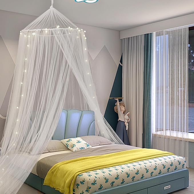 Mengersi Bed Canopy with Lights,Princess Bed Canopy Canopy Bed Curtains for Girls Room,Mosquito Netting Canopy Reading Corners Room Decor for Girls (White)