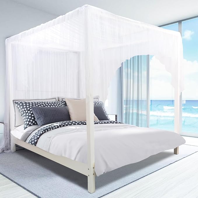 tupi White Canopy Bed Curtains for King/Queen/Full Size, 4 Corner Bed Canopy, Elegant Bed Drapes Bedroom Decor, Ultra Ripstop Polyester, Easy Installation