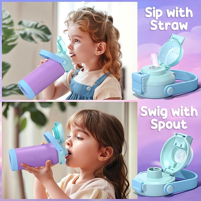 Fimibuke Kids Insulated Water Bottle with Pop-Open Straw & Spout 2-in-1 Lid, 18oz Leak Proof 18/8 Stainless Steel Vacuum Tumbler, BPA-Free Kids Cup For Travel School Boys Girls Toddler (1Pack,Mermaid)