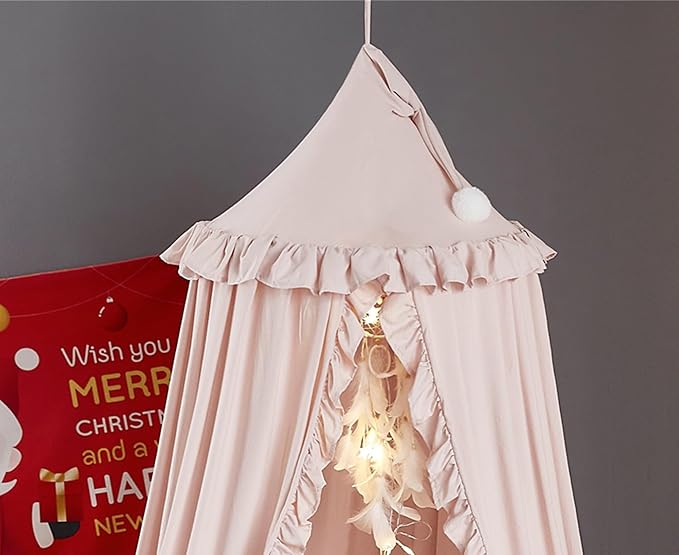 VETHIN Bed Canopy for Girls Kids,Princess Round Dome Children Dreamy Mosquito Net Bedding Girls Room Castle Play Tent Hanging House Decor Reading Nook Canopies (Beige Pink)