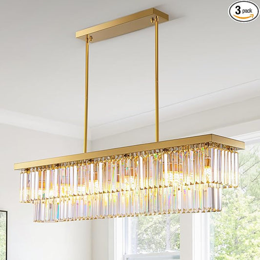 Siljoy 12-Light Modern Crystal Chandelier Gold Rectangular K9 Crystal Raindrop Chandelier, Luxury 2-Tiers Adjustable Ceiling Pendant Light Fixture for Dining Room Kitchen Island, L47'' x W10'' x H10''