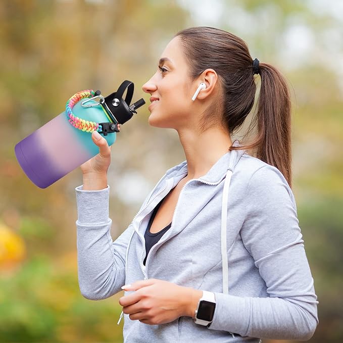 Half Gallon Water Bottle Insulated - 64 oz Water Bottle with Straw Spout Lid, Strap Carrying Sleeve, Paracord Handle, Leak Proof Metal Water Flask for Workout Sport Hiking Gym, Hydro Jug Thermo Mug