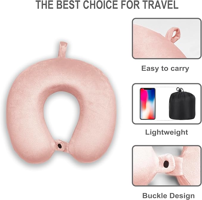 Neck Pillow for Airplane Travel, 100% Pure Memory Foam Travel Neck Pillow for Sleeping & Travel Essentials for Neck Rest, Pink, Pack with Box