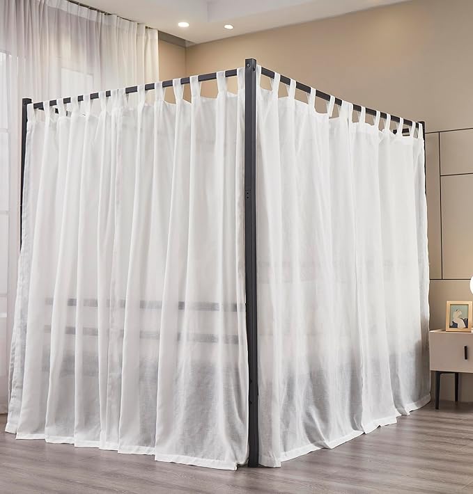 Mengersi Linen Canopy Bed Curtains for Twin,Full,Queen and King Size Bed,Bed Canopy Natural Blended Curtain Panels, 8 Panels Set (All Bed Sizes, White)
