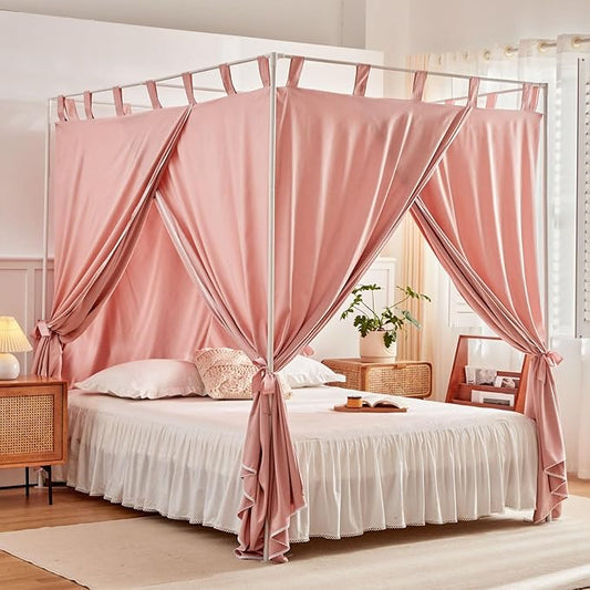 AIKASY Bean Paste Canopy Bed Curtains with Top Ties and Tie Backs for Bedroom Decoration - Queen Size Bed Curtains with Windproof and Lightproof Features