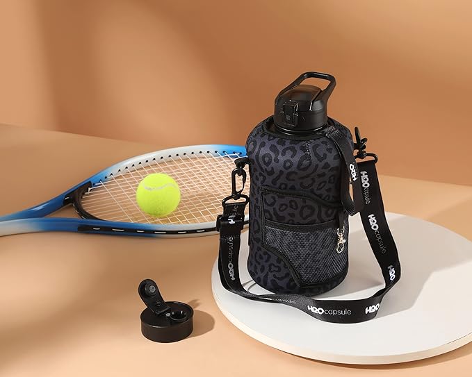 H2O Capsule 2.2L Half Gallon Water Bottle with Storage Sleeve and Removable Straw – BPA Free Large Reusable Drink Container with Handle - Big Sports Jug, 2.2 Liter (74 Ounce), Black Leopard