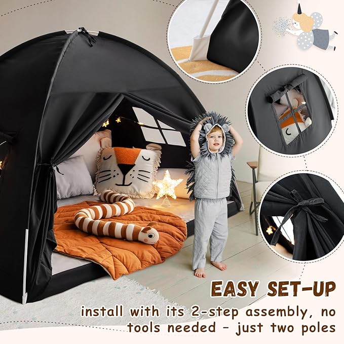 Twin Size Bed Canopy Bed Tents Dream Tent on Bed Privacy Space Blackout Sleeping Tents Indoor Breathable Portable Cottage Drafty Room Floor Bed Tents (Black)