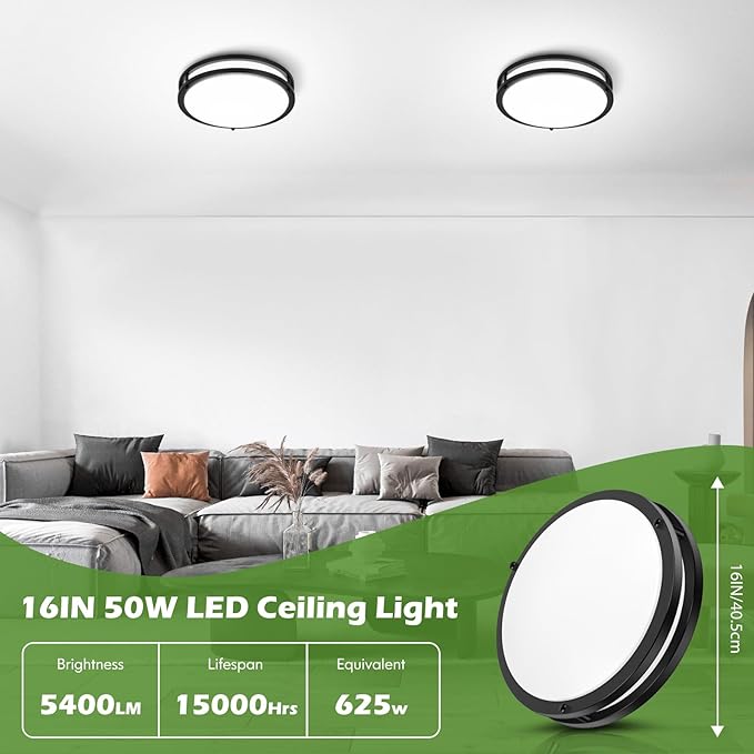 2-Pack 50W Dimmable Flush Mount Ceiling Lights, 16 Inch Black LED Ceiling Light with 5 Color Temperatures in One Selectable, 5400LM Modern Close to Ceiling Light Fixtures for Livingroom Dining Hallway