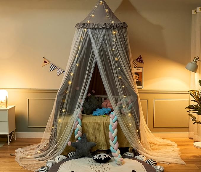 VETHIN Bed Canopy for Kids with Lights,Double Layer Princess Round Dome Children Dreamy Mosquito Net Bedding Girls Room Castle Play Tent Hanging House Decor Reading Nook Canopies(Gray/White)