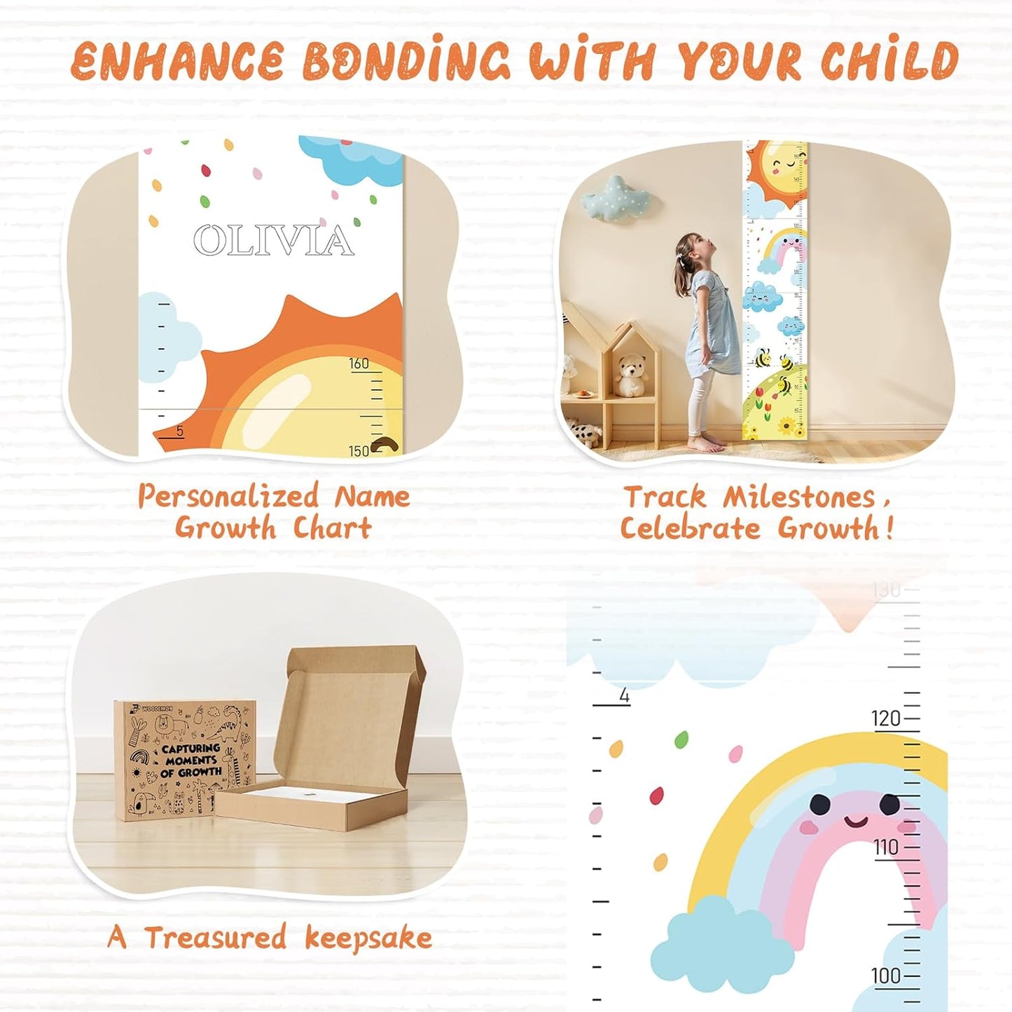 Personalized Name Growth Chart for Wall, Sun Rainbow Height Chart for Kids, No-Drill Growth Chart for Wall, Perfect as Kids Room Decor & Thoughtful Birthday Gift for Boys and Girls