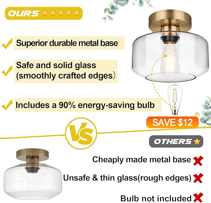 Industrial Semi Flush Mount Ceiling Light Brass, 800 Lumen LED Bulb Included, Clear Glass Shade Ceiling Light Fixture, Light Fixture for Hallway Bathroom Bedroom, Vintage Hanging Light Fixtures