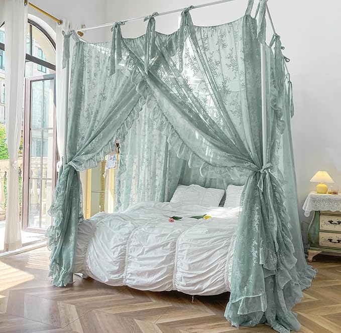 Mengersi Canopy Bed Curtains with Tie Backs,Bed Canopy Curtains Bed Drapes Sheer Lace Curtains for Bedroom Decor（California King,Sage Green