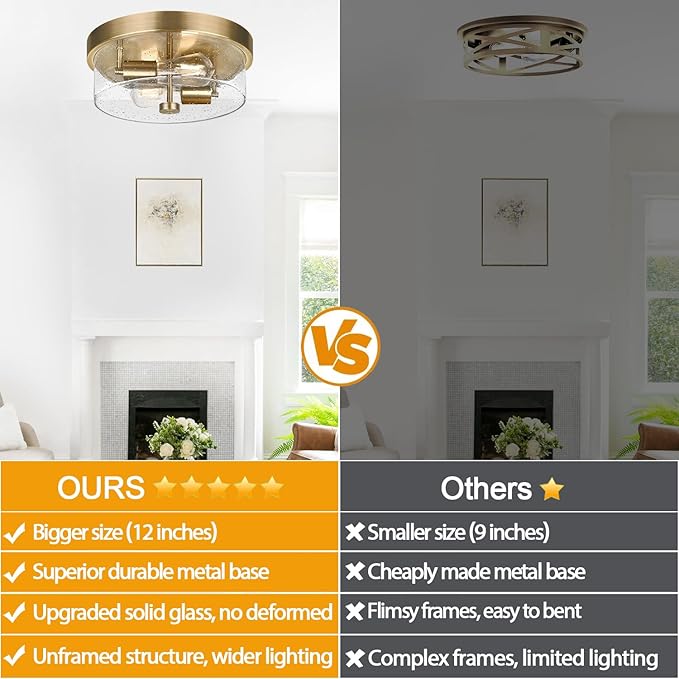 Flush Mount Ceiling Light Fixtures, 2-Light Brass Ceiling Mount for Farmhouse with Seeded Glass Lampshade, Industrial Hall Flush Mount Light Fixture for Hallway, Kitchen, Entryway, Bedroom and Foyer