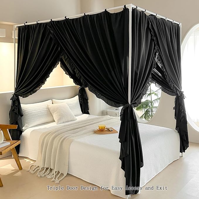 AIKASY Princess Canopy Bed Curtains with Top Ties - Windproof & Lightproof for Girls' Adult Bedroom Decor | Bed Canopy Drapes (King,Black)