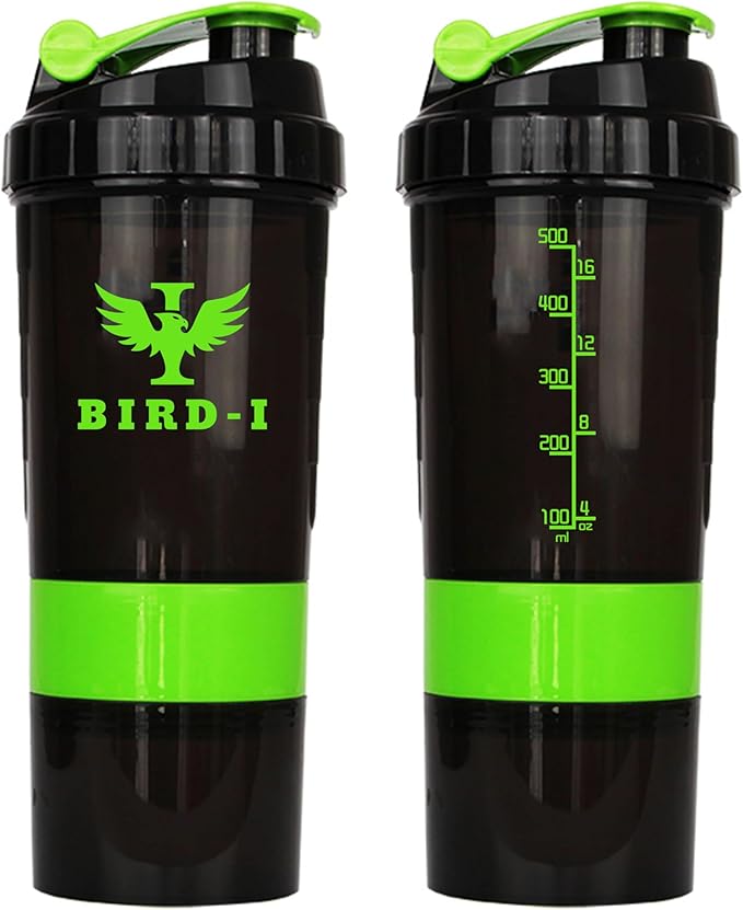 Gym Protein Shaker, 3-in-1, 500ml/16.9oz, BPA-Free, Metal Mixer. (GREEN), JT4101