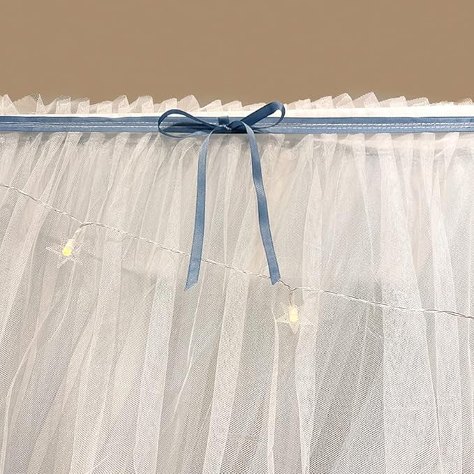 Mengersi Canopy Bed Curtains with Lights,4 Corner Bed Canopy Royal Luxurious Bed Drapes Netting,Princess Bed Curtains for Girls Adults Bedroom Decoration (Gray Blue, King)