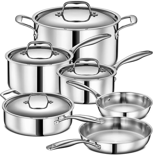 Legend 3 Ply Stainless Steel Cookware Set - 10-Piece, Full Clad, Induction, Non-Toxic, Oven Safe, Best 18/0 Professional Pots and Pans, Premium Kitchen Cooking, Chef Quality - PFOA, PTFE & PFOS Free