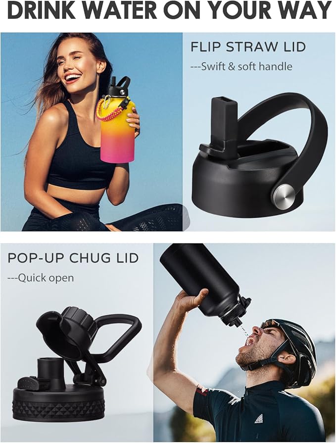 Half-gallon Insulated Water Bottle 64 oz - with Straw & Auto Spout Lid, Strap Carrier Pouch, Paracord Handle, Metal 1/2 Gallon Water Bottles Thermal Flask, Wide Mouth Hydro Jug for Hiking Camping