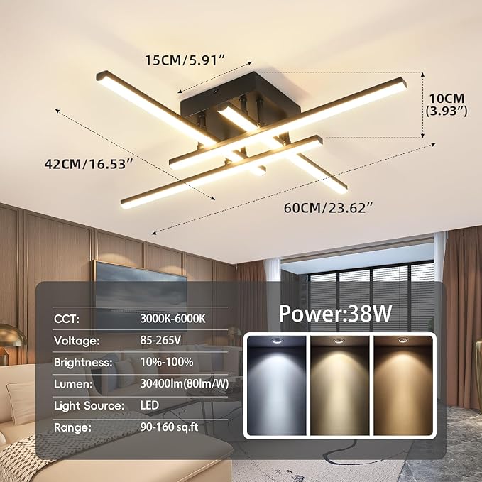 CANEOE Modern Ceiling Light Fixture Sputnik Dimmable Ceiling Light with Remote Control Black Flush Mount Chandelier Ceiling Lamp for Bedroom Living Room Kitchen Led Light Fixtures Ceiling Mount