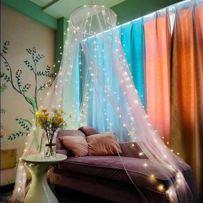 Eimilaly Bed Canopy Mosquito Net with 250pcs Warm Curtain Lights, Bed Canopy for Girls Room Decor or Theme Party, White/Warm Lights