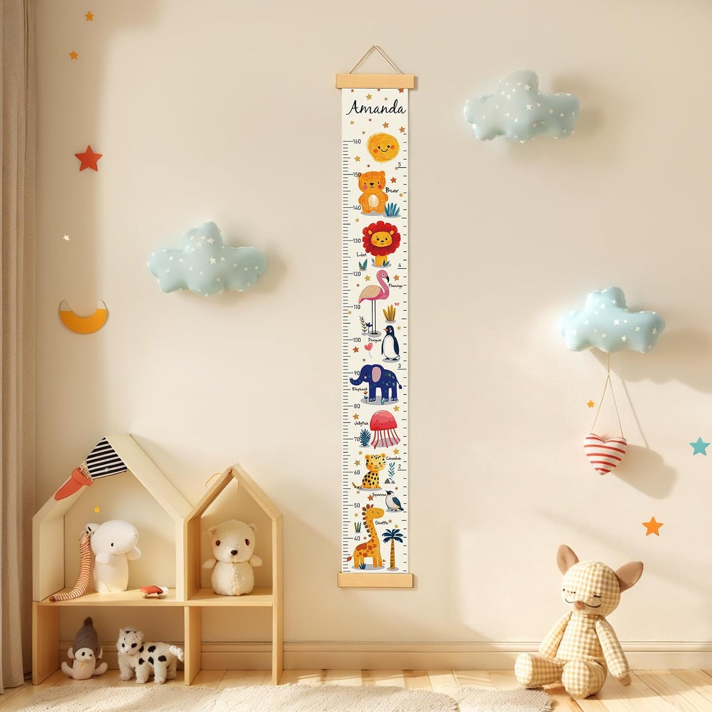 Personalized Name Growth Chart Wall Decor for Kids – Canvas Removable Height Chart Measuring Ruler 59" x 7.9" （Animals）