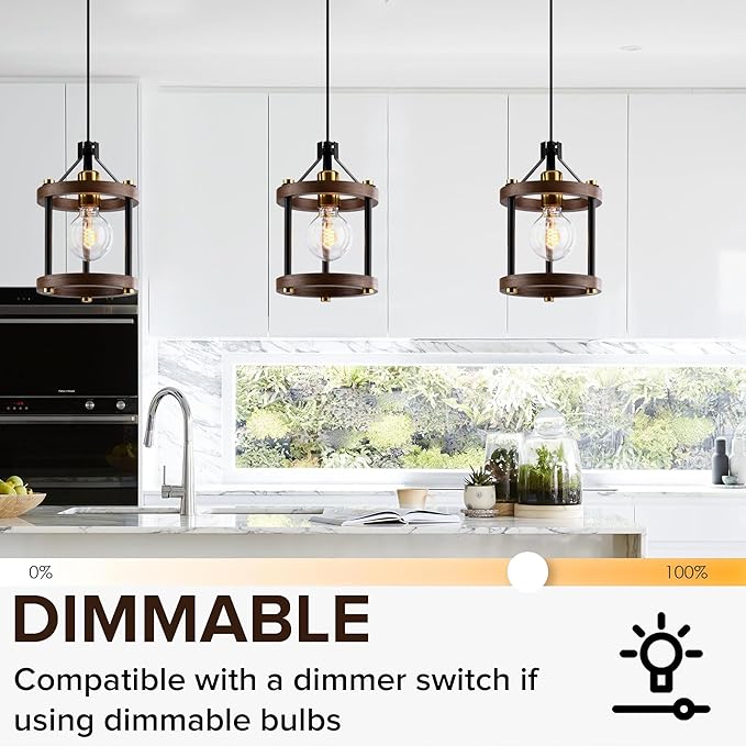MO&OK Set of 3 Chandelier Vintage Pendant Light Fixture, Wood Color Farmhouse Wooden Metal Chandeliers, Open Frame Hanging Lighting for Diningroom,Bar,Entrance Hall,Kitchen Island H10.6 xD6.7