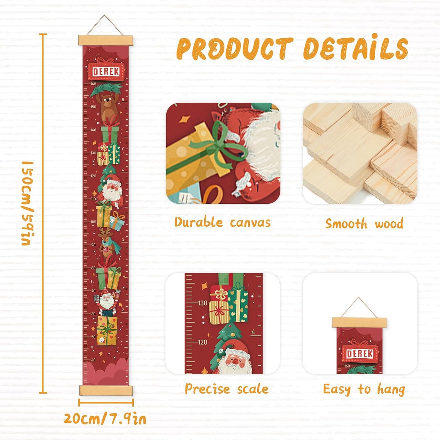 Personalized Name Growth Chart Wall Decor for Kids – Canvas Removable Height Chart Measuring Ruler 59" x 7.9" （Santa Claus Gifts）