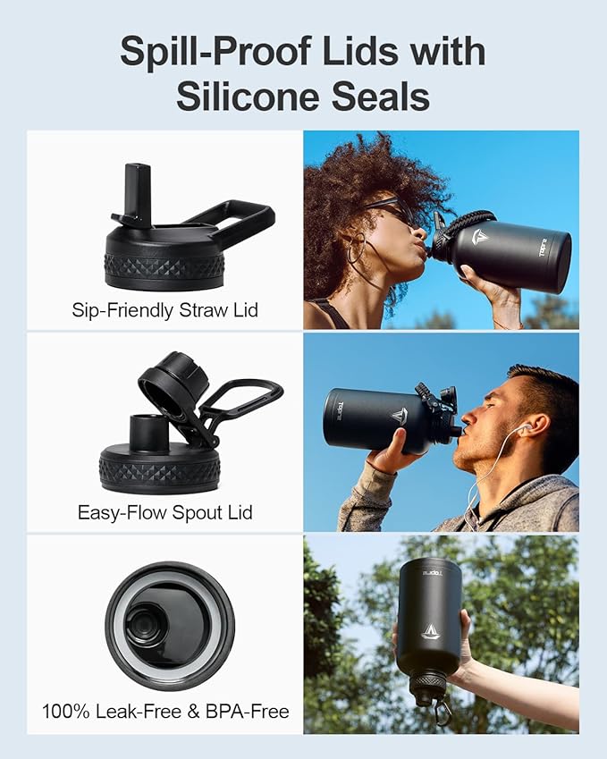 Half Gallon Water Bottle,64oz Insulated Water Bottle Stainless Steel Vacuum, Cold for 48 Hrs,BPA-Free & Leakproof -with Handle,Straw Spout Lids,Big Flask Jug for Gym Sports,Black without Pouch