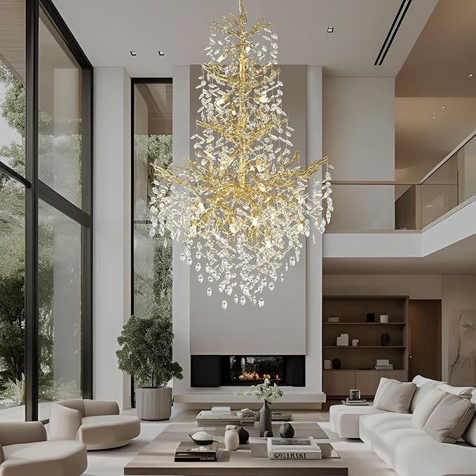 H61'' Gold Crystal High Ceilings Chandeliers Staircase Chandeliers Modern Crystal Tree Branch Chandelier, D40'' Foyer Chandelier for High Ceiling Luxury Large Living Room Chandelier, 23-Lights