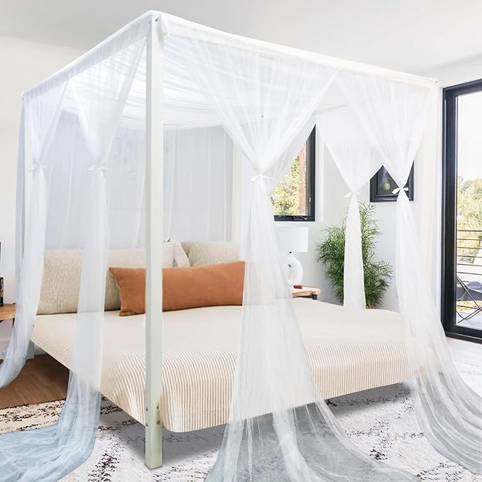 tupi White Canopy Bed Curtains for King/Queen Size Bed, 4 Corner Adult Bed Canopy, Ultra Elegant Bed Curtain Drapes Bedroom Decor, Stylish Polyester Netting Canopy, Easy Installation