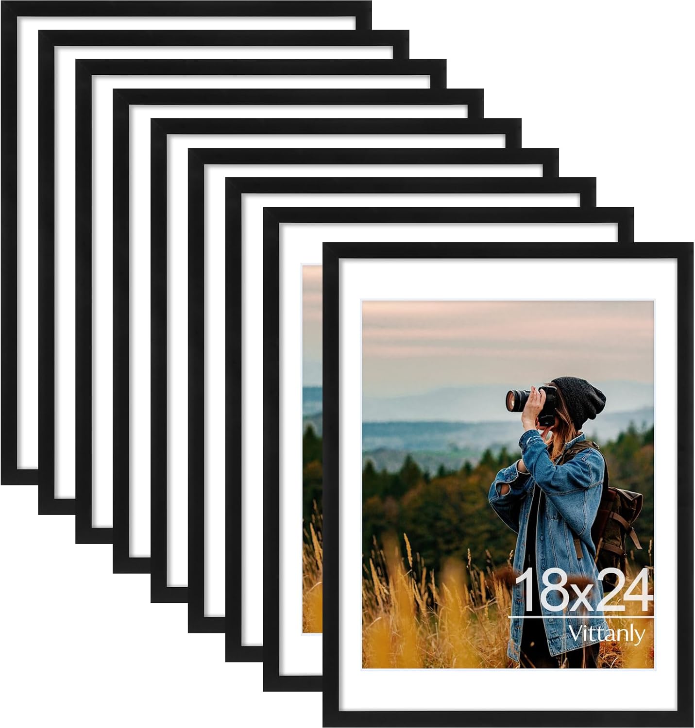 Vittanly 18x24 Picture Frames Set of 9, Shatter Resistant Plexiglass, Display 16x20 Pictures with Mat or 18x24 without Mat, Photo Frames for Wall or Tabletop, PVC Frame, Black