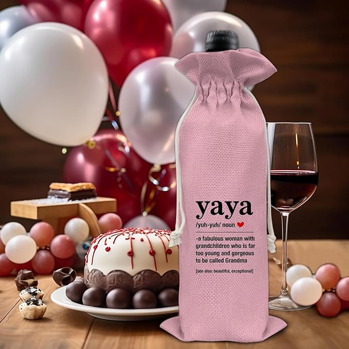 HOIJAUMAI Gifts for Grandma, Grandma Gift From Granddaughter Grandson, Funny Yaya Definition Wine Bag Grandma Wine Gift Bags for Yaya Nana Gigi Mimi Grandmother (Pink)