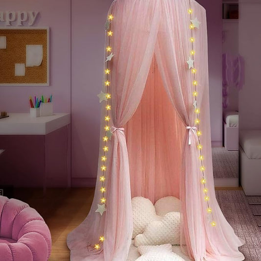 Bed Canopy Mosquito Net with Star Lights，Princess Play Canopy for Girls Room - Dome Net Curtains for Baby Game Dream Castle, Girls Room Decor, Pink
