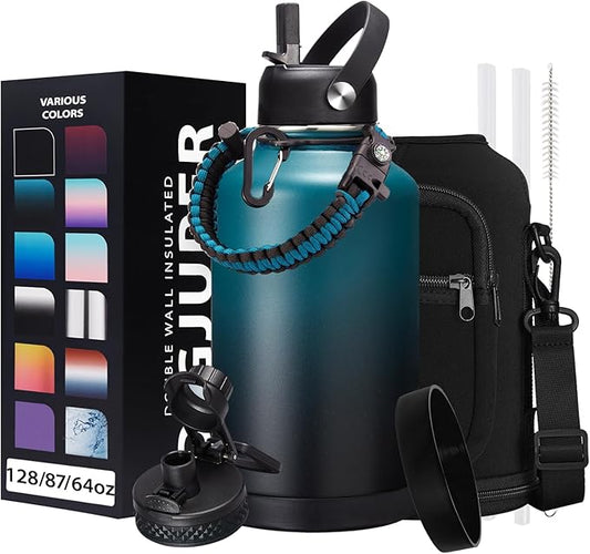 Half-gallon Insulated Water-Bottle with Straw - Stainless Steel Thermo Jug with Spout Straws Lids, Paracord Handle & Bottle Sleeve, 64OZ Vacuum Thermo Bottle for Outdoor Working Camping Trip