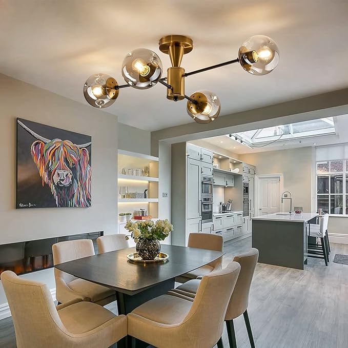 Modern Semi Flush Mount Ceiling Light Fixture, 4-Light Gold Mid Century Chandelier with Glass Globe,Ceiling Lighting for Dinning Room Farmhouse Kitchen Bedroom Living Room.